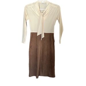 70s ILGWU Midi Dress Bow Neck Brown Beige